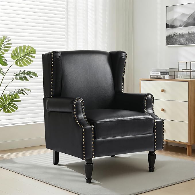 Faux Leather Wingback Chair, High Back Accent Chair, Comfy Upholstered Armchair with Nailhead Trim for Living Room, Single Sofa Reading Chair for Small Spaces, Bedroom-P Black