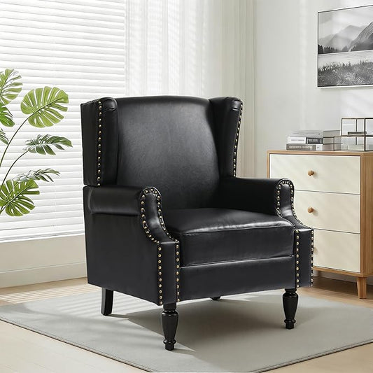 Faux Leather Wingback Chair, High Back Accent Chair, Comfy Upholstered Armchair with Nailhead Trim for Living Room, Single Sofa Reading Chair for Small Spaces, Bedroom-P Black