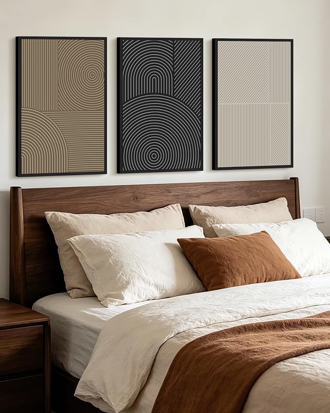 KUVIOKE Minimalist Abstract Boho Framed Wall Art Modern Mid-Century Bohemain Neutral Line Wall Decor Geometric Artwork Bedroom Decor 16x24in (Black Framed)
