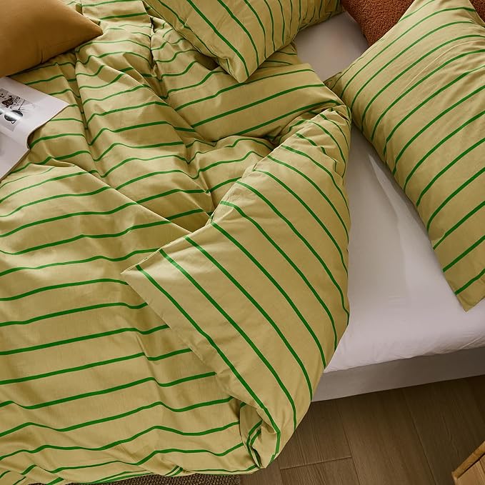 Merryword Striped Duvet Cover Set Queen Size - 100% Cotton Duvet Cover Set, Khaki & Green Stripes Pattern Comforter Cover 3 Pieces, Soft Linen Like Bedding Set for All Seasons