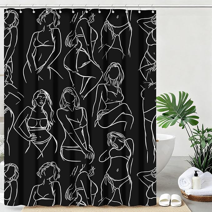 Black and White Abstract Shower Curtain Women Minimalist Line Art Shower Curtains for Bathroom Waterproof Fabric Bath Curtain Decor with Hooks