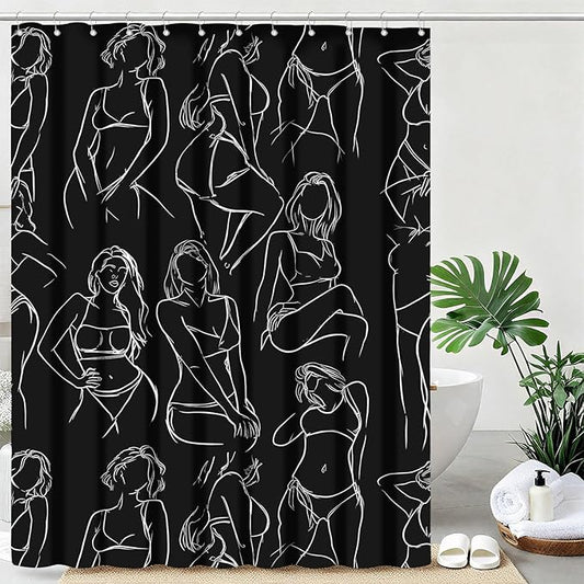 Black and White Abstract Shower Curtain Women Minimalist Line Art Shower Curtains for Bathroom Waterproof Fabric Bath Curtain Decor with Hooks