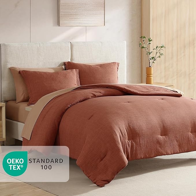 Geniospin King Size Comforter Set- 7 Pieces Terracotta Textured King Bedding Set, Soft Solid Bed in a Bag for All Seasons, Fall Comforter Set with Sheets