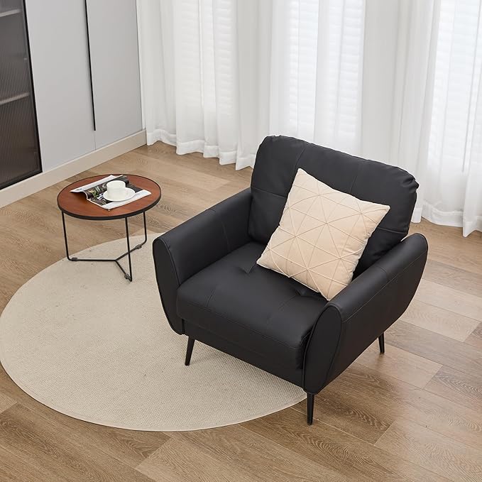 TYBOATLE Accent Chair Comfy Modern Living Room Chair Black Leather Reading Accent Chairs Tufted Mid Century Moden Arm Chair Small Salon Chair for Office Bedroom (1, Black)