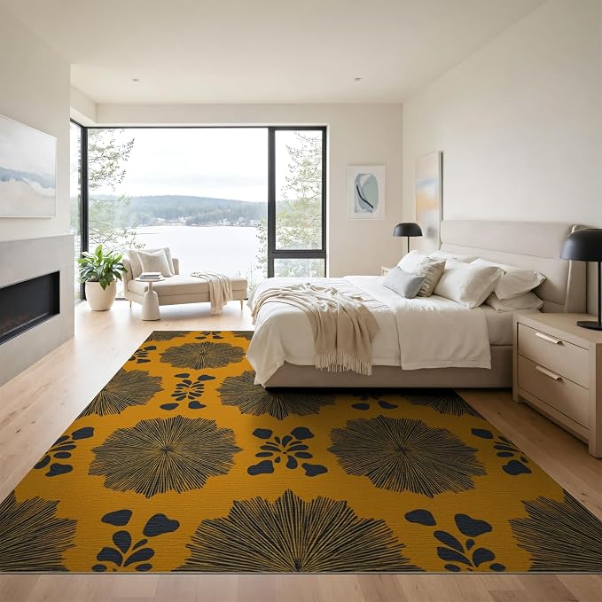 9'x12' Washable Geometric Floral Oversized Rug, Black Non-Shedding Pet Friendly Carpet for Master Suite, California King, Under Bed, Foldable Easy Care Mat | Ref:2229843