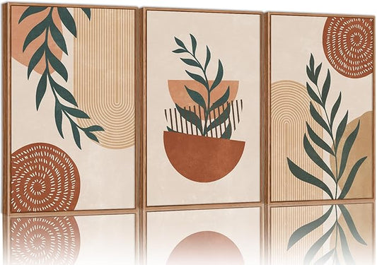Rantodecor Large Boho Framed Canvas Wall Art Set of 3, Mid Century Modern Wall Decor, Bohemian Beige Geometric Line Art Paintings, Neutral Sage Green Leaf for Bedroom Living Room Office Home 16"x24"