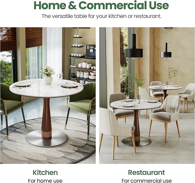 39” Round Dining Table with Solid Wood Base, White Sintered Stone Tabletop, Scratch and Heat Resistant, Modern Marble Table for Kitchen, Dining Room (White 39.37"+19.69" Lazy Susan)