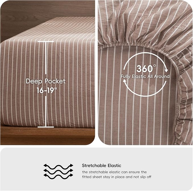 MooMee Striped Sheet Set 100% Washed Cotton Linen Like Textured Breathable Durable Soft Comfy (Dark Orange White Wide Stripes, King)