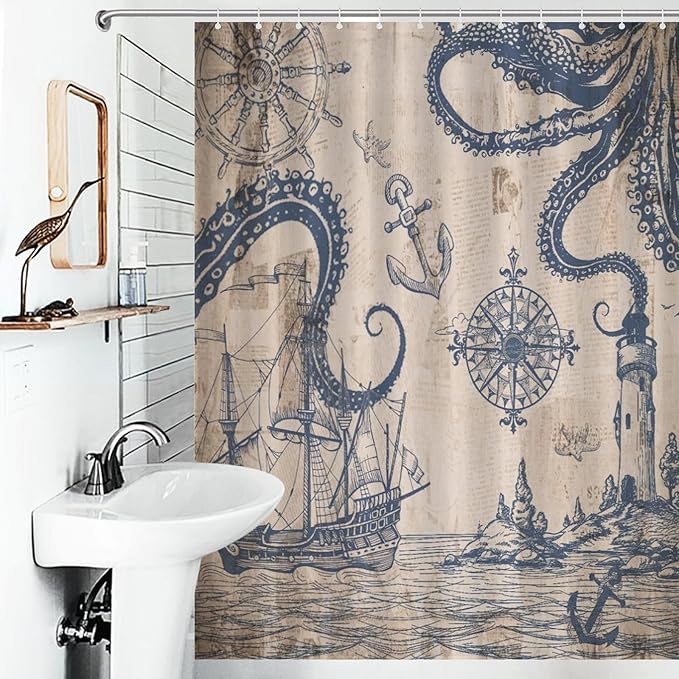 Ocean Nautical Shower Curtains,Sailboat Compass Hand Painted Navigation Vintage Nautical Elements Waterproof Shower Curtains for Bathroom Decor 12 Pack Hooks 55x72in（140x183cm）