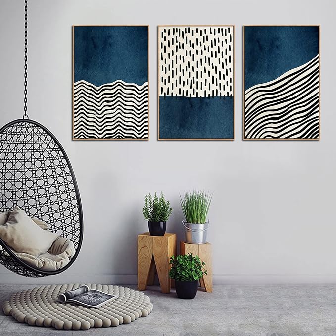Framed Wall Art Canvas Set Mid Century Boho Picture Modern Abstract Geometric Lines Wall Decor Minimalist Black Indigo Canvas Painting Artwork Living Room Bedroom Home Office 24"x36"x3 Natural