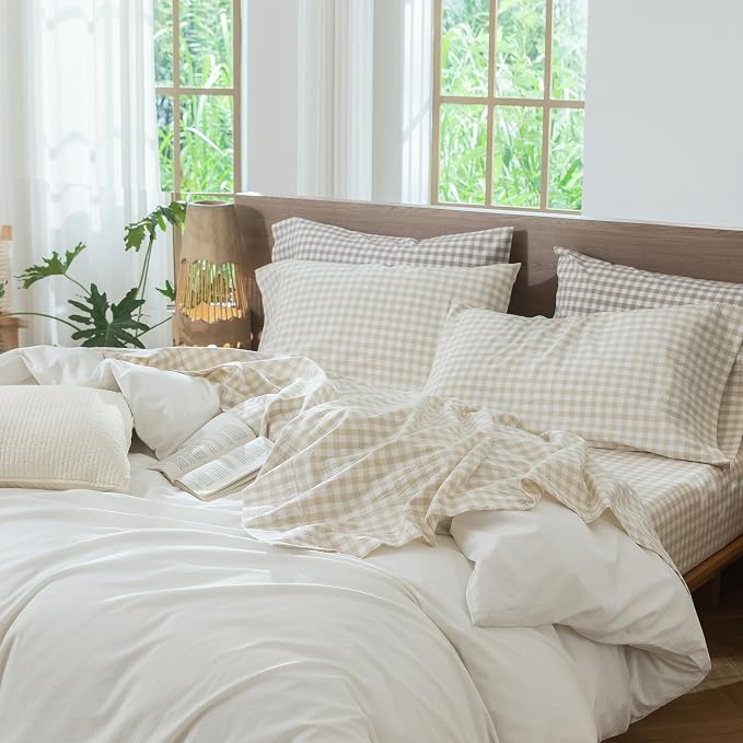 MooMee Gingham Sheet Set 100% Washed Cotton Linen Like Textured Breathable Soft w/Fully Elasticized 16-19" Deep Pocket (Classic Gingham Almond Milk Grey, King)