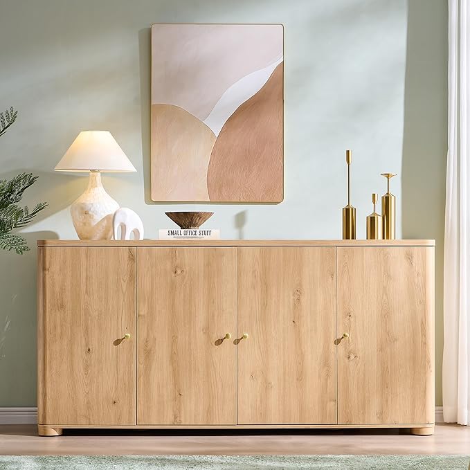 Curved Buffet Cabinet with Doors, 66" Large Sideboard Buffet Storage Cabinet with 4 Doors and Shleves, Modern Coffee Bar Station Wood Kitchen Table for Kitchen, Dining Room, Natural