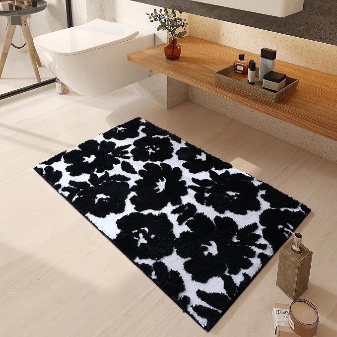 Civkor Black and White Bathroom Rug, Tufted Flower Bath Mat for Bathroom with Non Slip TPR Backing, Quick Dry Microfiber Surface, Soft and Super Water Absorbent Bath Rug, 31x20Inch