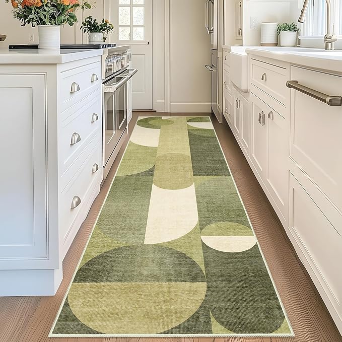Green Runner Rug 2x8 Washable Rug Runners for Hallway Kitchen,Long Rugs for Bedroom Entryway Bathroom,Non Slip Modern Geometric Floor Carpet