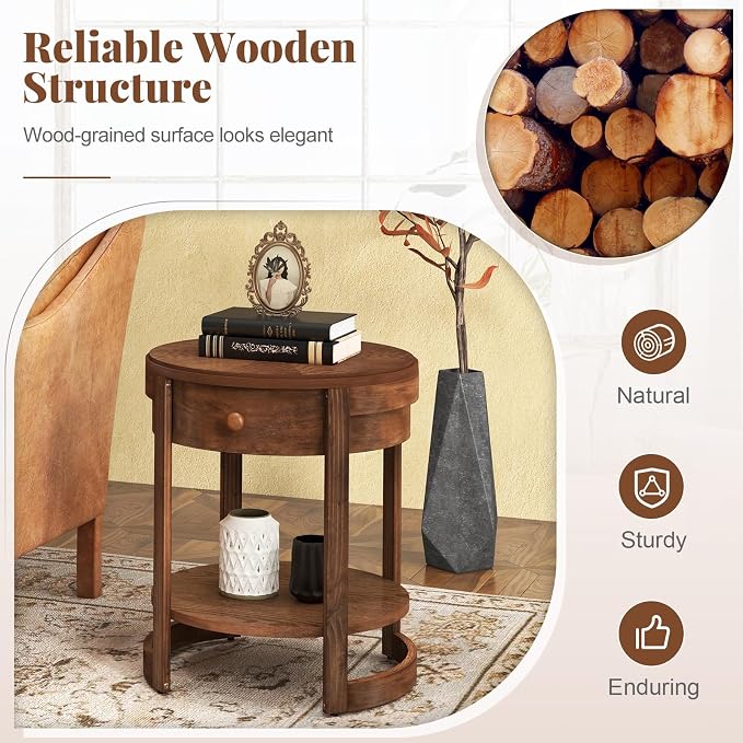 GOFLAME Round Side Table with Drawer, Retro 2-Tier Nightstand with Shelf & Wood Grains, Vintage Wooden Accent Table, Mid-Century Modern End Tables for Living Room, Bedroom, Walnut