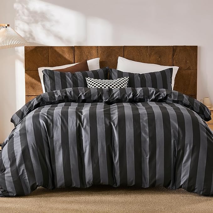 Merryword Black and Gray Striped Duvet Cover Set Queen Size - 100% Cotton Bedding Set with Zipper & Corner Ties, 3-Piece Luxury Linen Like Bedding Set for All Seasons
