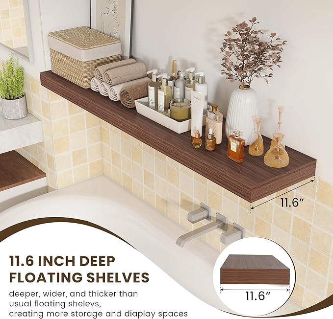 12 Inch Deep Floating Shelves | 55 Inch Walnut Floating Shelves | 55" W x 12" D Rustic Wood Shelves for Wall | Deep Walnut Shelves for Living Room Bathroom Laundry Room Kitchen