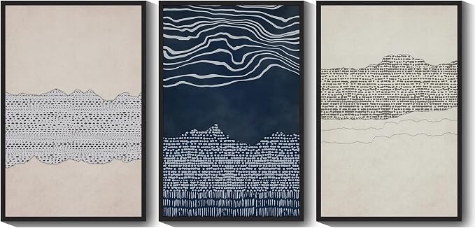 KUVIOKE Navy Blue Abstract Framed Wall Art Modern Neutral Minimalist Wooden Pastel Boho Wall Decor Farmhouse Rustic Art Painting Home Decor 24x36in (Black Framed)