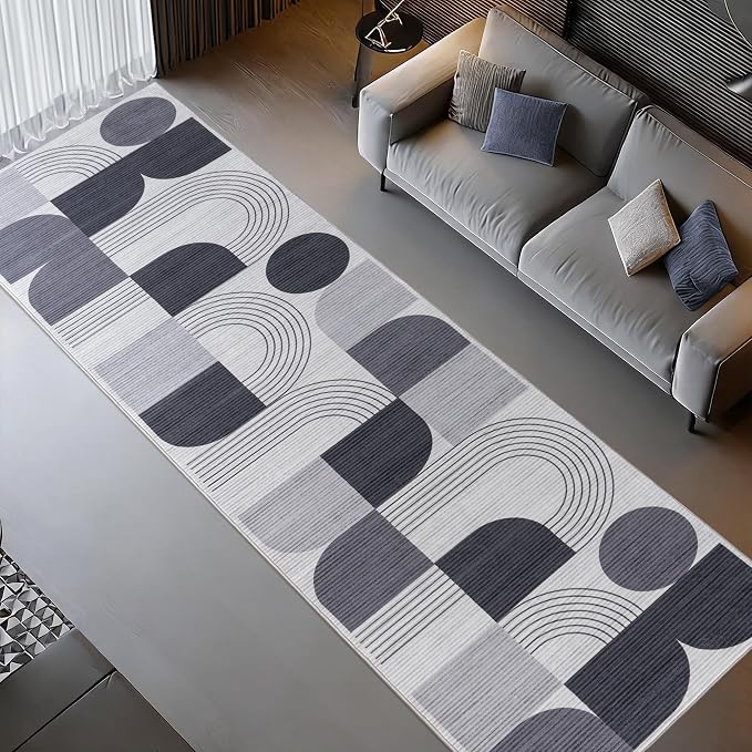 Machine Washable 2x6 Runner Rug, Soft Modern Geometric Abstract Grey Rugs for Bedroom Living Room, Non-Shedding Faux Wool Indoor Throw Floor Carpet for Office Entryway Dining Room Decor
