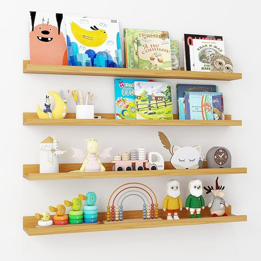 Axeman Picture Ledge Shelf | 36 Inch Oak Floating Shelves Set of 4 | Rustic Wood Wall Shelves with Lip | 36" Oak Picture Shelves for Wall with Ledge | Photo Shelves