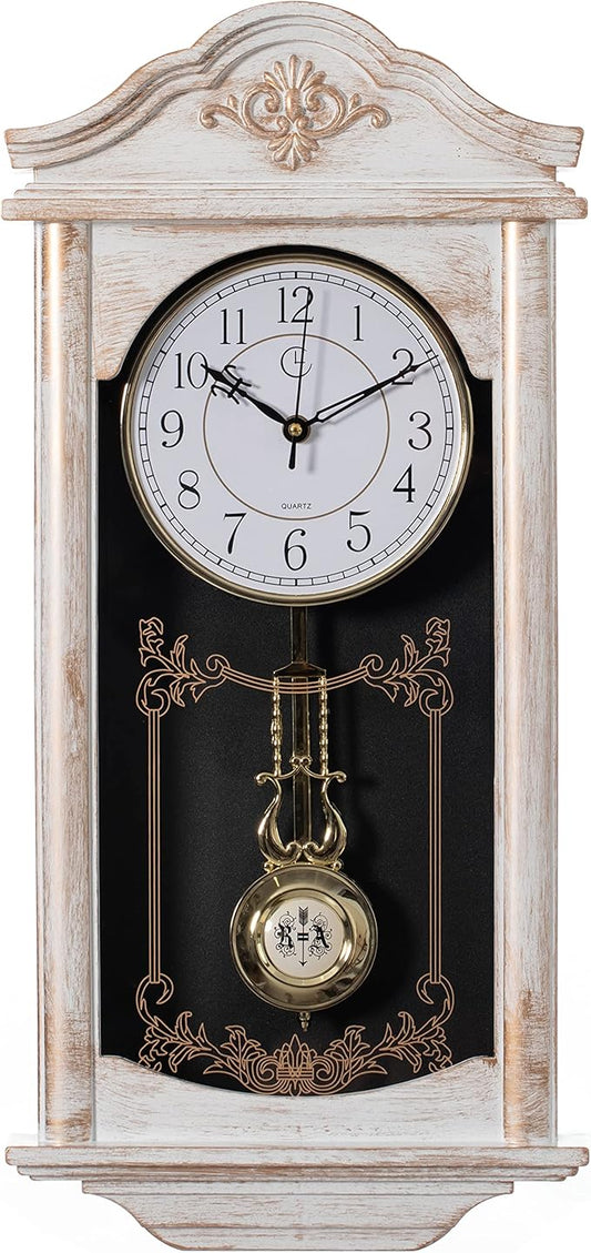 Clockswise Vintage Grandfather Wood - Looking Plastic Antique Pendulum Wall Clock for Living Room Decor, Kitchen, Office, Or Dining Room, Silent Wall Mount Battery-Operated (White)