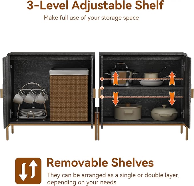 30.7" Accent Cabinet, Modern Buffet Cabinet with Gold Metal Legs, Fluted Sideboard for Dining Room, Kitchen, Darkgrey