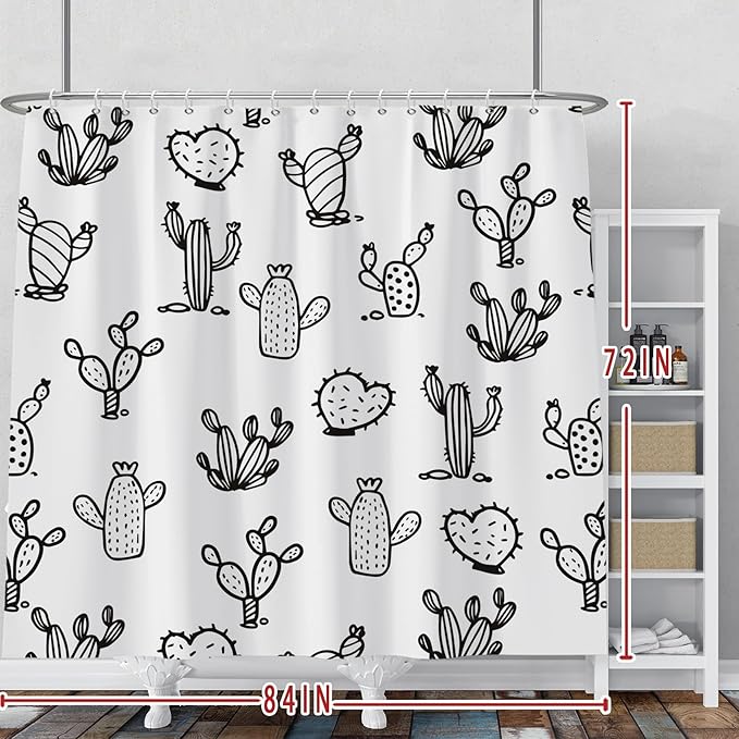 Baocicoo Cartoon Cactus Shower Curtain Tropical Plants Mexican Texas Minimalism Black and White Decorative Artistical Shower Curtains for Home Bathtubs Bath Waterproof Fabric with Hooks 84x72 Inches