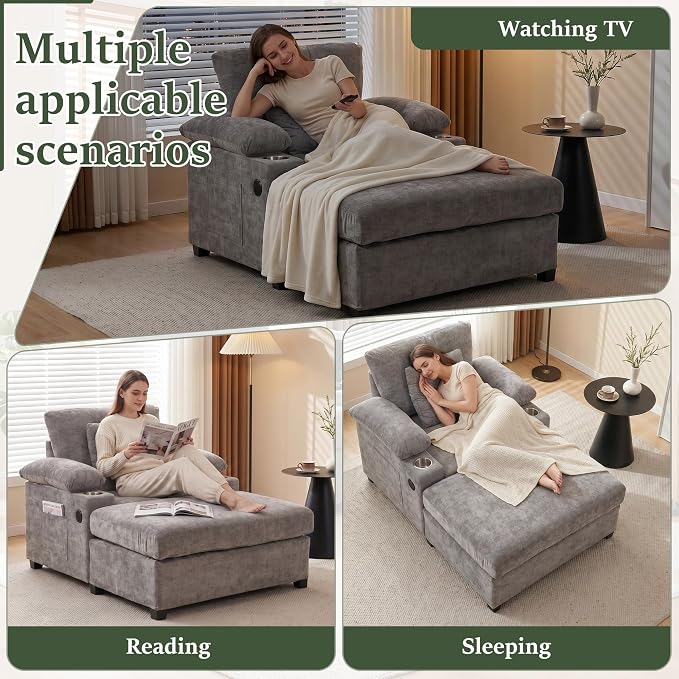 Oversized Chaise Lounge Chair with Ottoman and Cup Holders, Modern Sleeper Sofa with USB Charging Ports for Living Room and Bedroom (Grey)