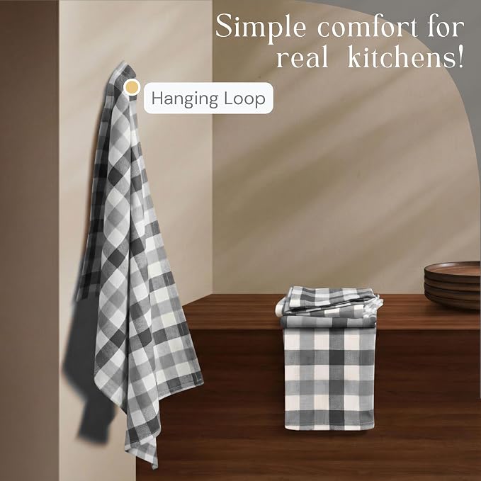 Checked Kitchen Towels 12 Pack, 18x26 Inches, Absorbent Dish Cloths, Reusable and Washable Tea Towels for Drying and Cleaning, Quick Dry Wash Rags - Light & Grey, Natural