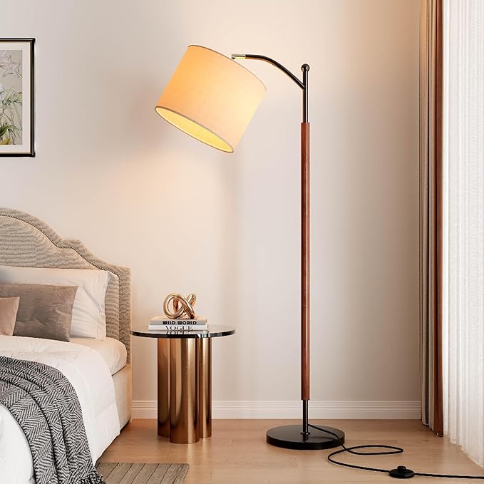 Arc Wood Floor Lamp, Corner Modern Mid Century Lamp with Linen Shade & Marble Base, Floor Lamp for Reading - Adjustable Standing Light for Living Room, Bedroom and Home Office, Walnut