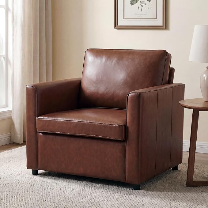 Oversized Armchair, 39" Accent Chair for Living Room, Mid-Century Modern Armchair with Deep Seat Cushion & Solid Wooden Legs, Comfy Faux Leather Side Chair for Reading, Small Space, Brown