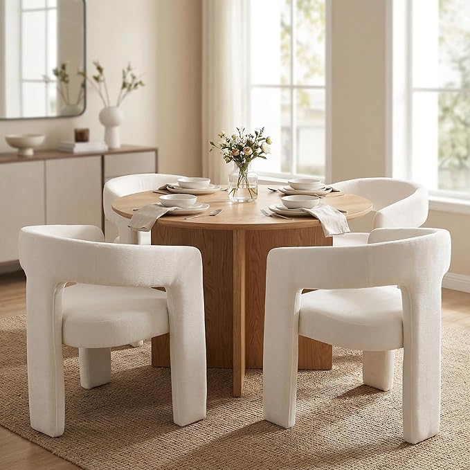 HNY Modern Barrel Kitchen & Dining Room Chairs Set of 6, Chenille Upholstered Accent Chairs with Arm, 18.5'' Wide Side Armchairs Vanity Chairs for Living Room Bedroom Makeup Small Spaces, White