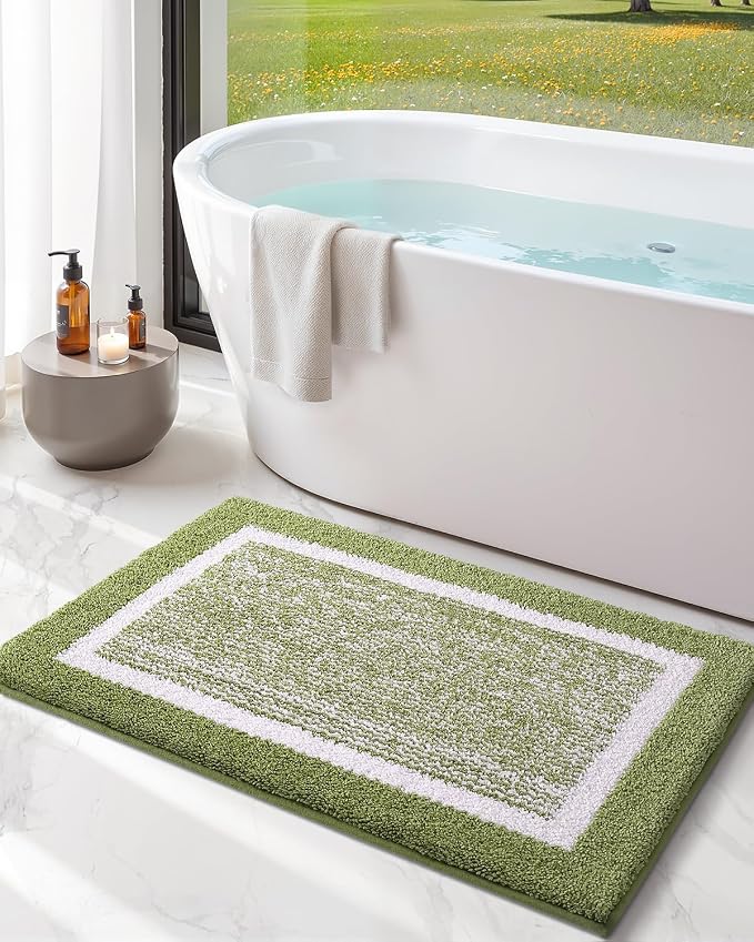 Color&Geometry Simple and Stylish Bathroom Runner Non Slip, 24"x43" Moss Green and Ivory Bath Runner Rug, Absorbent, Soft, Washable, Microfiber Bath Mat Bathroom Carpet
