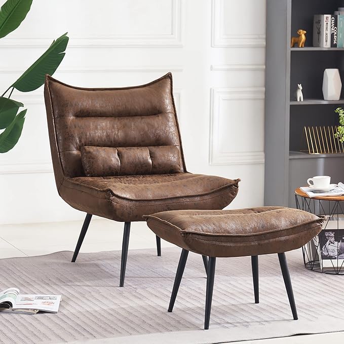 MCombo Wingback Accent Chair with Ottoman, Modern Bronzing Fabric Upholstered Club Chair for Small Space, Living Room 4400 (Dark Brown)