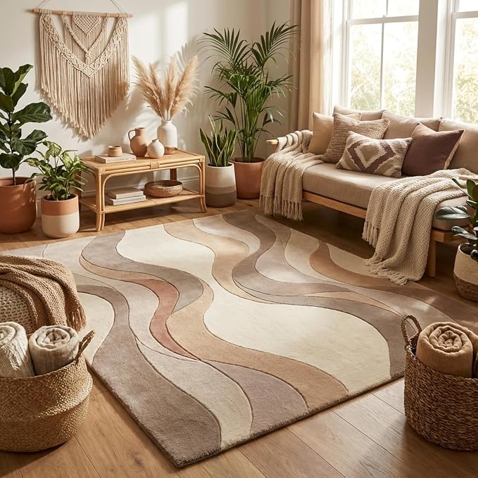 Geometric Multicolor Hand Tufted Wool Area Rug Modern Style Curve Pattern Warm Backing Floor Rug for Bedrooms Lounge Entryways & Gallary 7x10 Feet