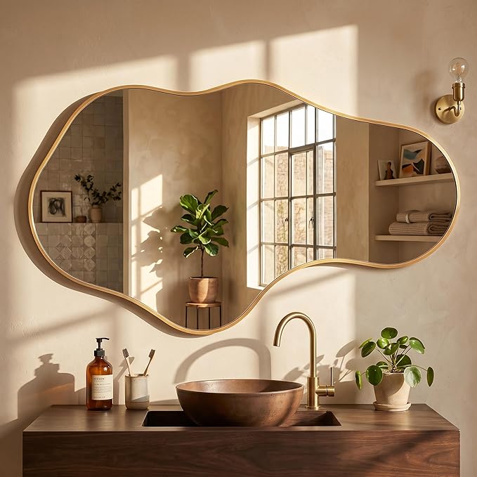 Irregular Wall Mirror, 24"x40" Gold Abstract Asymmetrical Mirrors for Wall, Decorative Cloud Aesthetic Mirror for Bathroom, Bedroom, Cloakroom, Entryway, Shatter-Proof Aluminum Alloy Frame