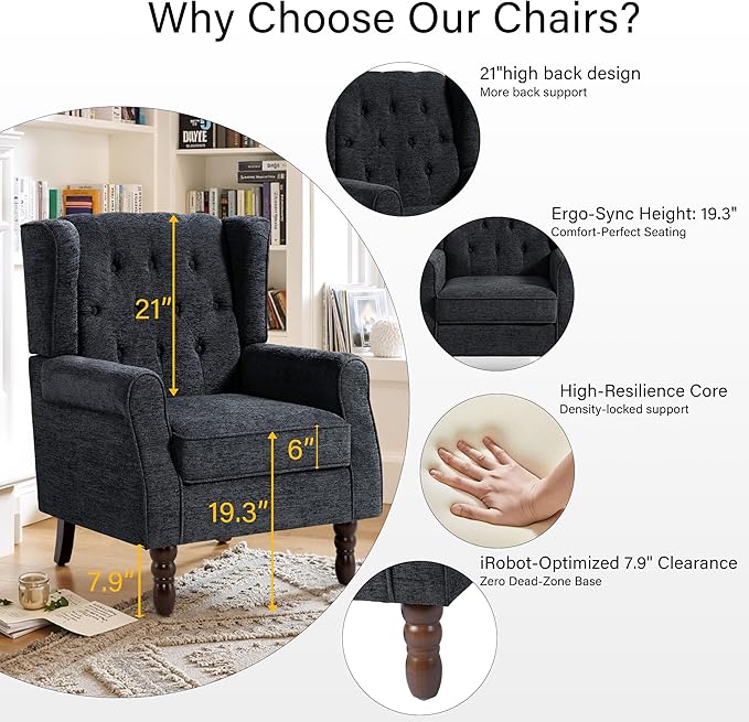 Lumibee High Back Accent Chair,Upholstered Wingback Armchair with Solid Wood Legs for Small Spaces,Comfy Single Sofa Chair for Living Room,Bedroom,Office-Black Blue