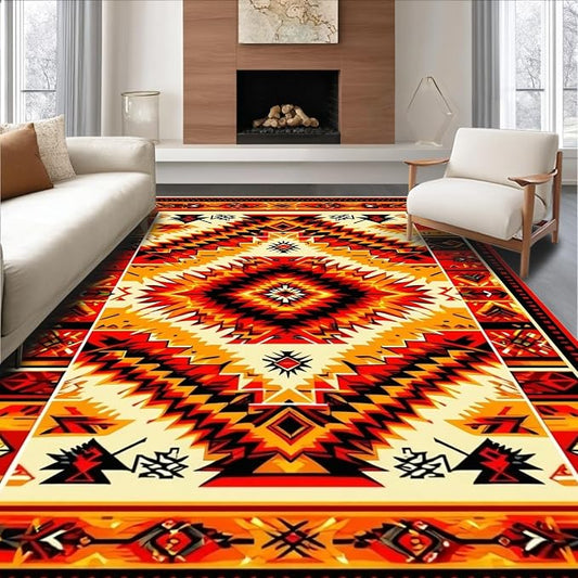 Flatwoven High Traffic Area Rug 4x6, Vintage Aztec Adventure Rug, Non Slip, Stain Resistant, Washable Area Rugs for Living Room, Bedroom (Red, 4x6)