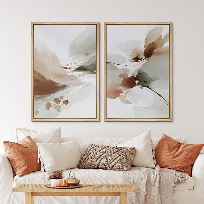 IDEA4WALL Framed Canvas Print Wall Art Set Earth Tone Watercolor Abstract Minimalist Nature-Inspired Illustrations Modern Art Decorative Calm/Zen for Living Room, Bedroom, Office - 24"x36"x2 Natural