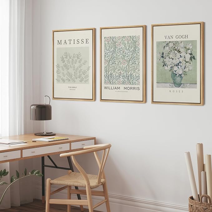 wall26 Framed Canvas Print Wall Art Set Matisse, William Morris, Van Gogh Photography Modern Rustic Scenic Colorful Multicolor for Living Room, Bedroom, Office - 24"x36"x3 Natural