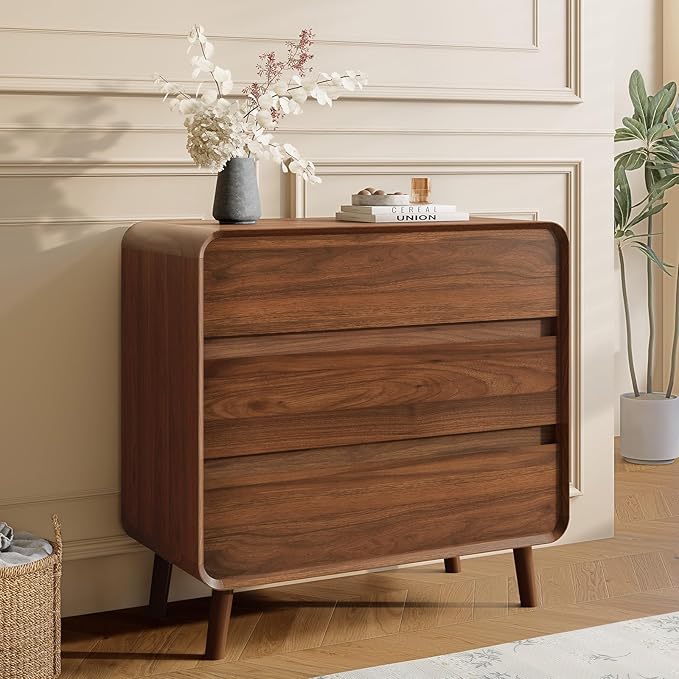 3 Drawer Dresser for Bedroom, Mid Century Modern Chests of Drawers, Curved Bedroom Dresser with Storage Drawer, Wooden Furniture for Living Room, Closet, Home Office,Walnut
