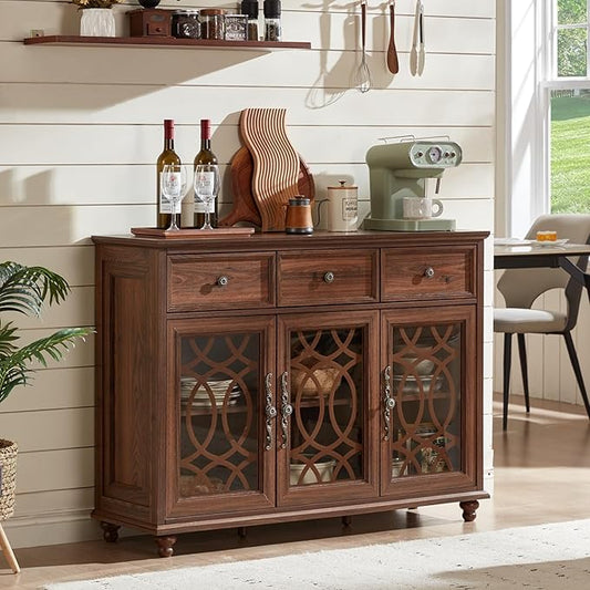 Large Sideboard Buffet Cabinet with Storage,48" Credenza with 3 Glass Doors & 3 Drawers,Adjustable Shelves Coffee Bar,Wood Kitchen Console Table for Dining Room,Living Room,Brown