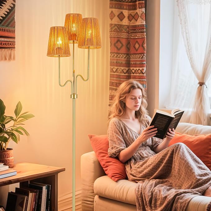 MAYNA 68" Boho Rattan Floor Lamp, 3-Light Gold Tree Floor Lamp with Hand-Woven Wicker Shades, Tall Standing Lamp with Foot Switch for Living Room, Bedroom, Nursery, Rustic Coastal Decor