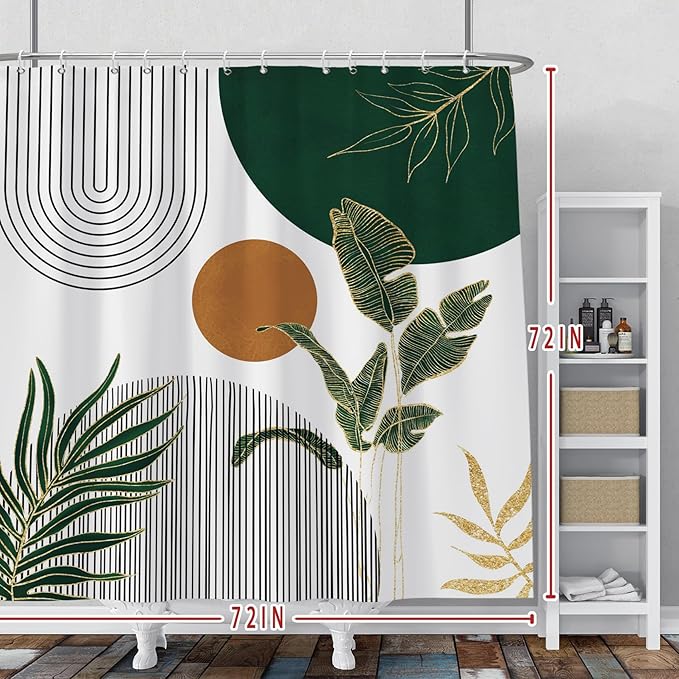 Baocicoo Boho Mid Century Shower Curtain Abstract Sun Green Banana Leaves Curve Aesthetic Shower Curtain for Bathroom Cubicle Living Room Waterproof Curtain for Bathroom with Hooks 72x72 Inches