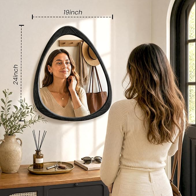 Asymmetrical Mirror, 24"x19" Unique Irregular Wall Mirror, Wood Mid Century Modern Mirror Decor for Bathroom Bedroom Living Room Entryway Hallway (Black)