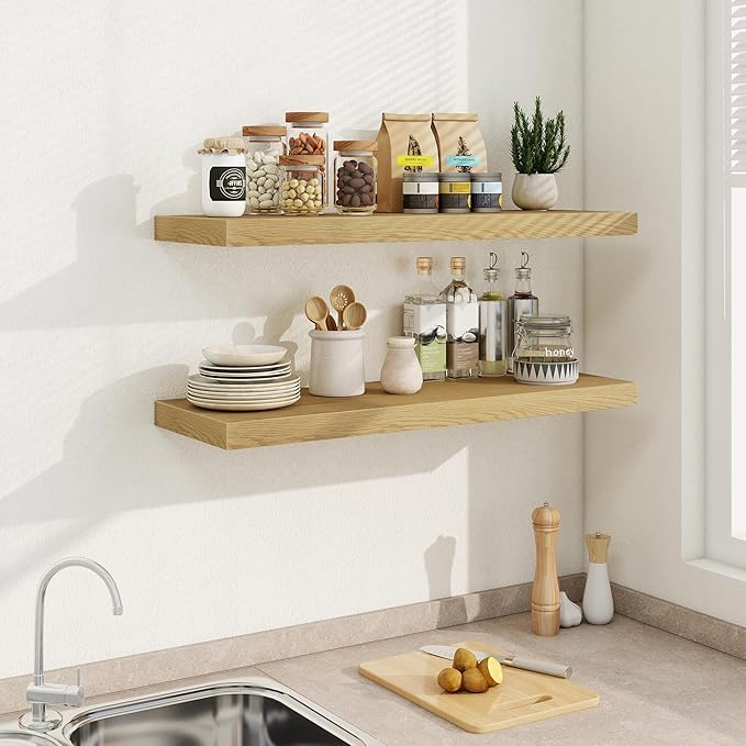 36 Inch Long Floating Shelves for Wall, 9.3 Inch Deep Floating Shelf with Heavy-Duty Bracket, 2 Pack Long Shelves for Bathroom, Living Room, Bedroom, Wall Mounted Storage Shelf for Books Decor, Oak