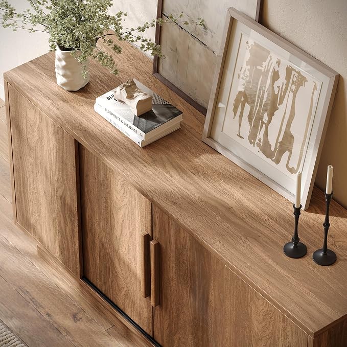 ModernMate 63'' Sideboard Buffet Cabinet with 4 Sliding Doors, Wood Credenza Storage Cabinet with Pedestal Base, Large Side Board with Adjustable Shelf for Living Room, Kitchen, Hallway, Walnut