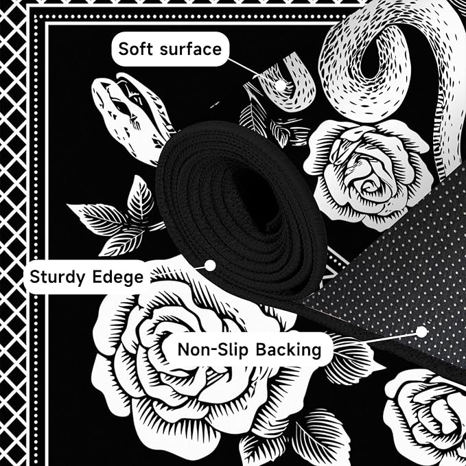 4'x6' Gothic Snake and Rose Area Rug Black and White Floral Vine Floor Mat Retro Boho Carpet Washable Low Pile Indoor Rugs for Entryway Bedroom Living Room Kitchen Home Decor