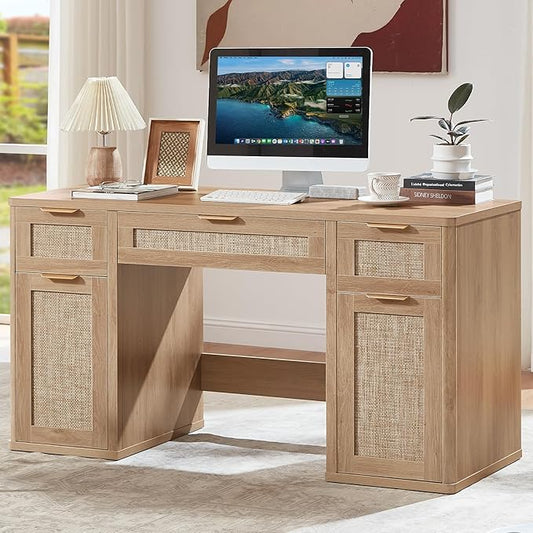 LEYAOYAO 56'' Rattan Farmhouse Executive Desk with Drawers, Wood Home Office Desk with File Cabinet and Metal Handles, Large Vintage Computer Desk for Home, Bedroom, Living Room （Natural）