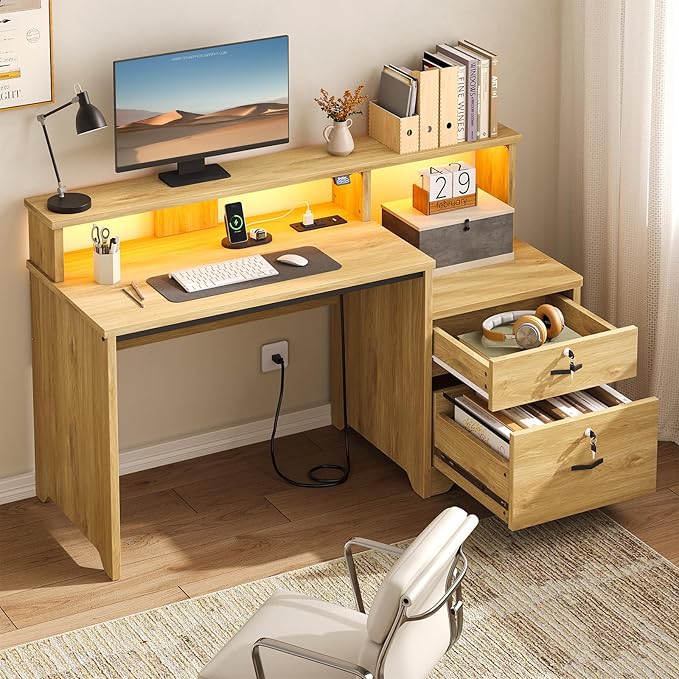Bestier 55" Computer Desk with Power Outlets & LED Lights, Home Office Desk with Lockable File Drawer & Printer Shelf, Monitor Stand, Modern Workstation for Gaming Study, Natural Oak